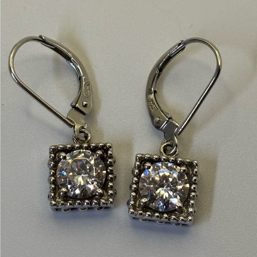 Vintage Sterling Silver Cubic Zirconia Round in Square Lever Back Earrings
